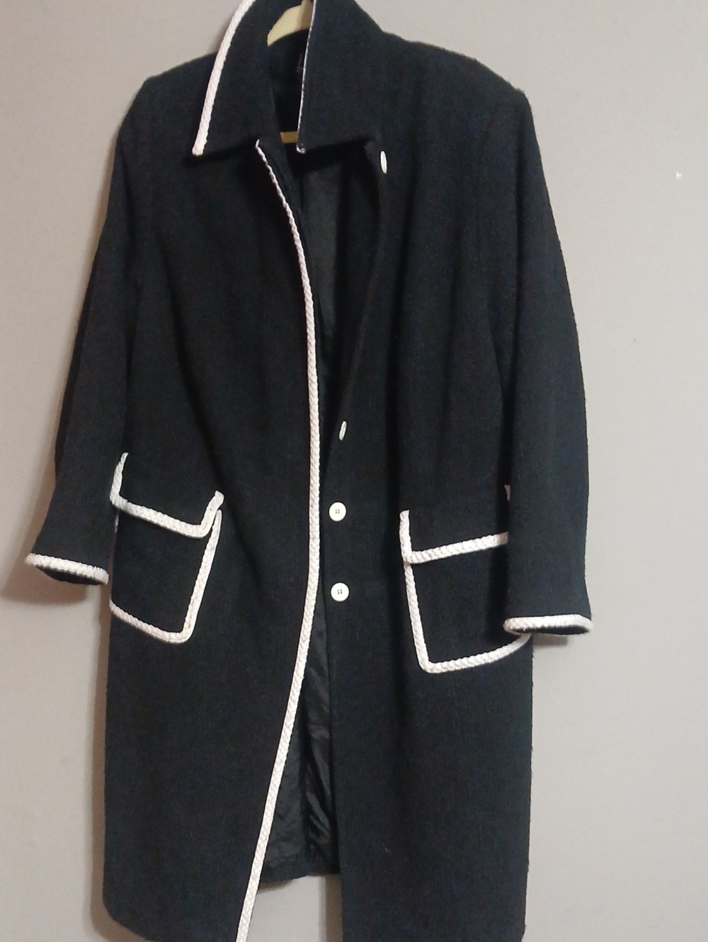 INC International Concepts Black Pea Coat with White Braid Trim